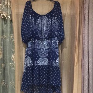 a.n.a. Dress L Hi Low Hemline Navy Blue White Boho 3/4 Sleeve Lined Midi size XL